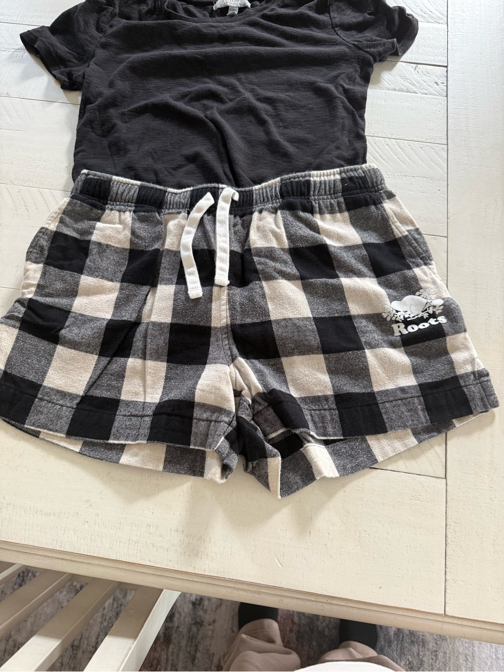 Roots Black & Cream Plaid womans  Lounge Shorts